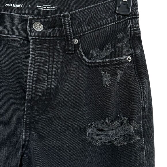 Old Navy SZ 2 Slouchy Straight Jeans Hi-Rise Button-Fly Distressed Black Wash - Picture 3 of 9
